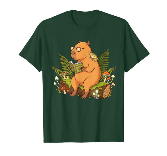 Cottagecore Capybara Reading Herbology Book Goblincore Frog T-Shirt
