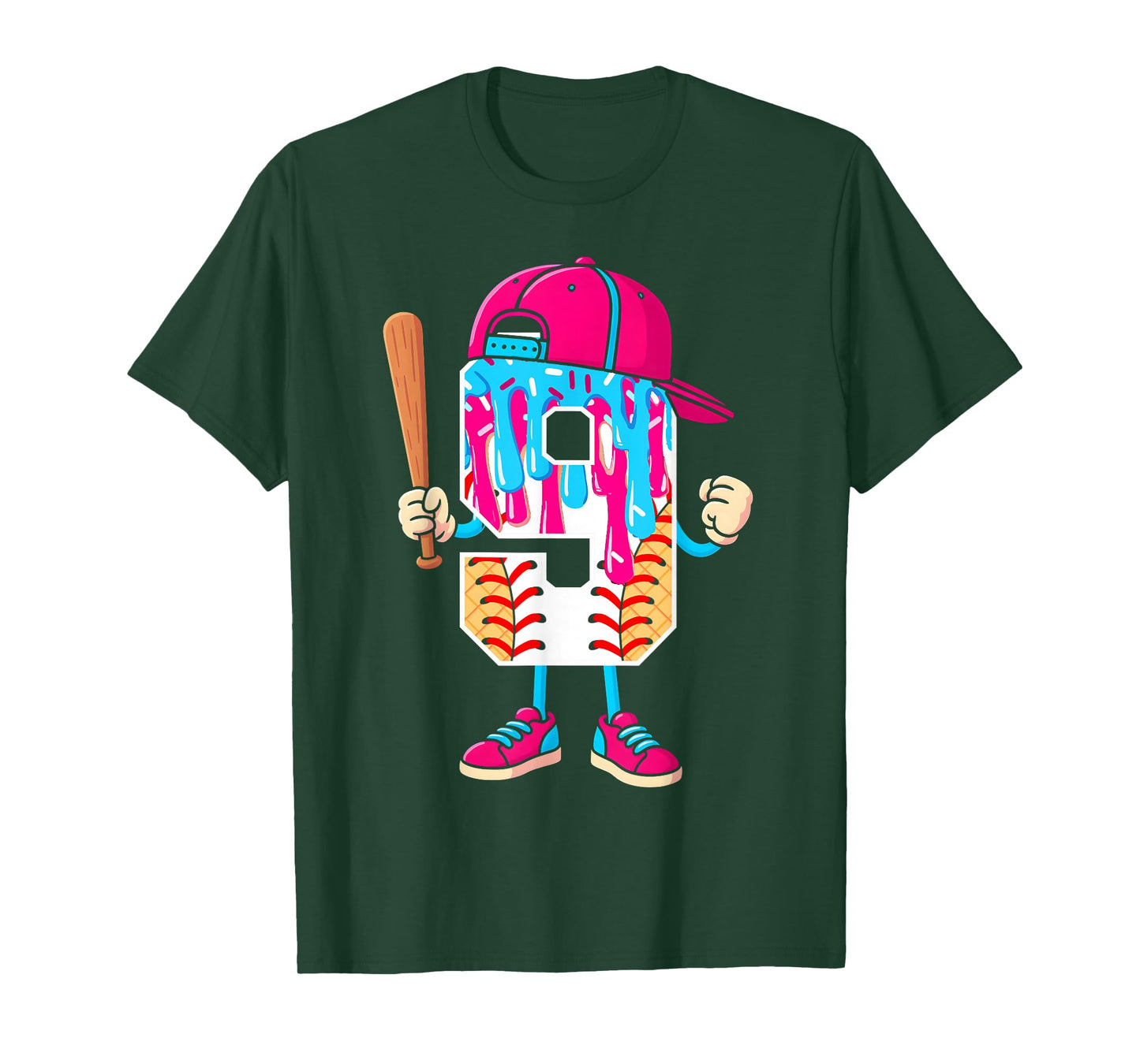 Baseball 9 Year Old Ice Cream Drip 9th Birthday Boy Number 9 T-Shirt