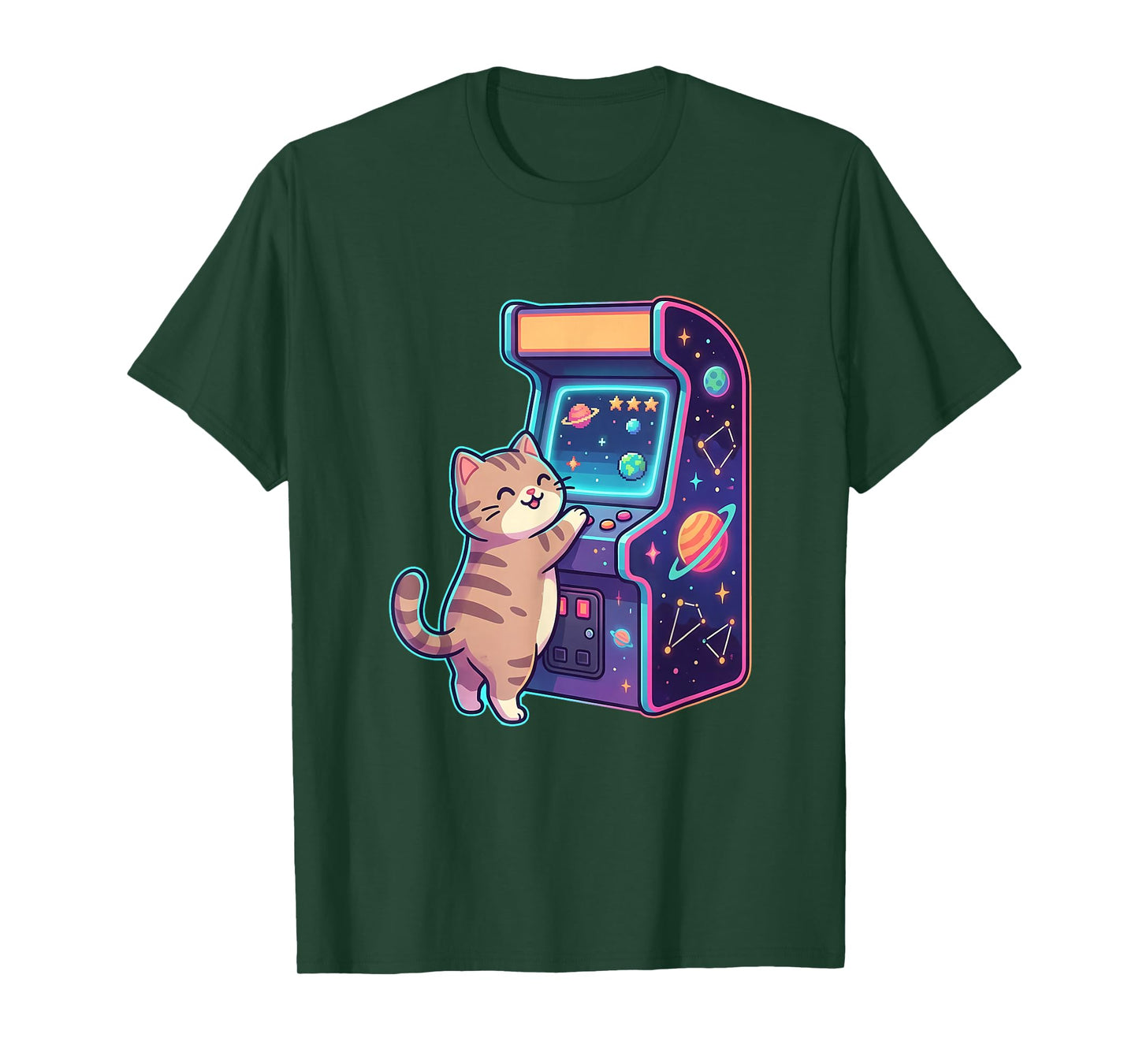 Cute Cat Playing Space Arcade Illustration Funny Cat Gaming T-Shirt