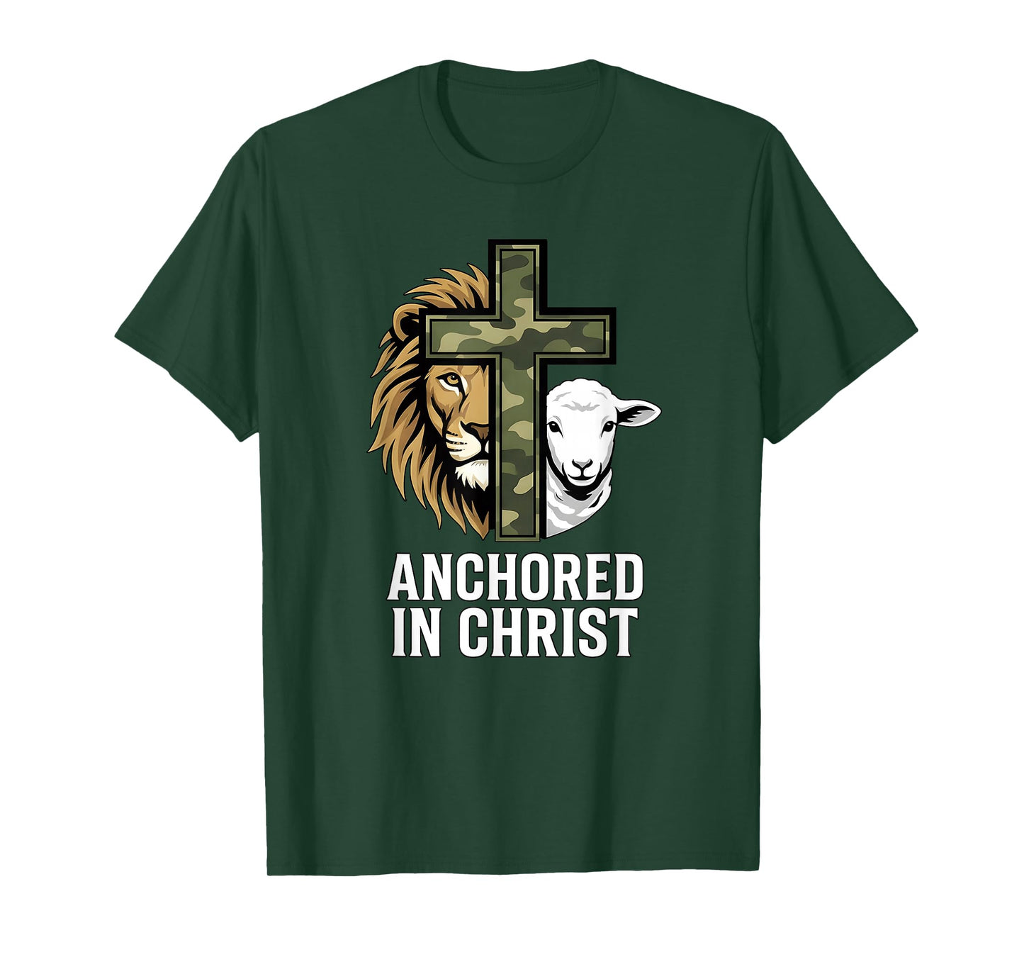 Christian Faith Anchored in Christ Camo Cross Lion Sheep T-Shirt