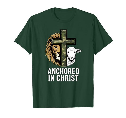 Christian Faith Anchored in Christ Camo Cross Lion Sheep T-Shirt