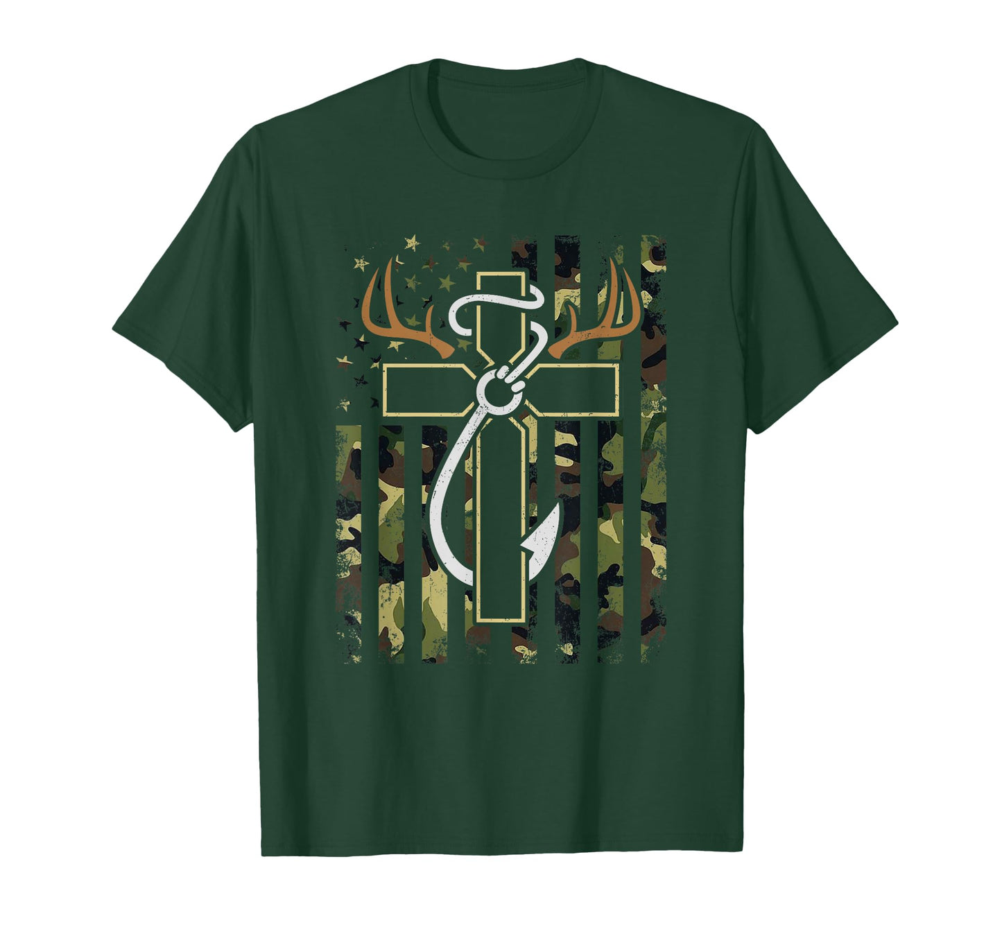 Hunting Fishing Faith Cross Deer Antlers Hook USA Flag Retro T-Shirt