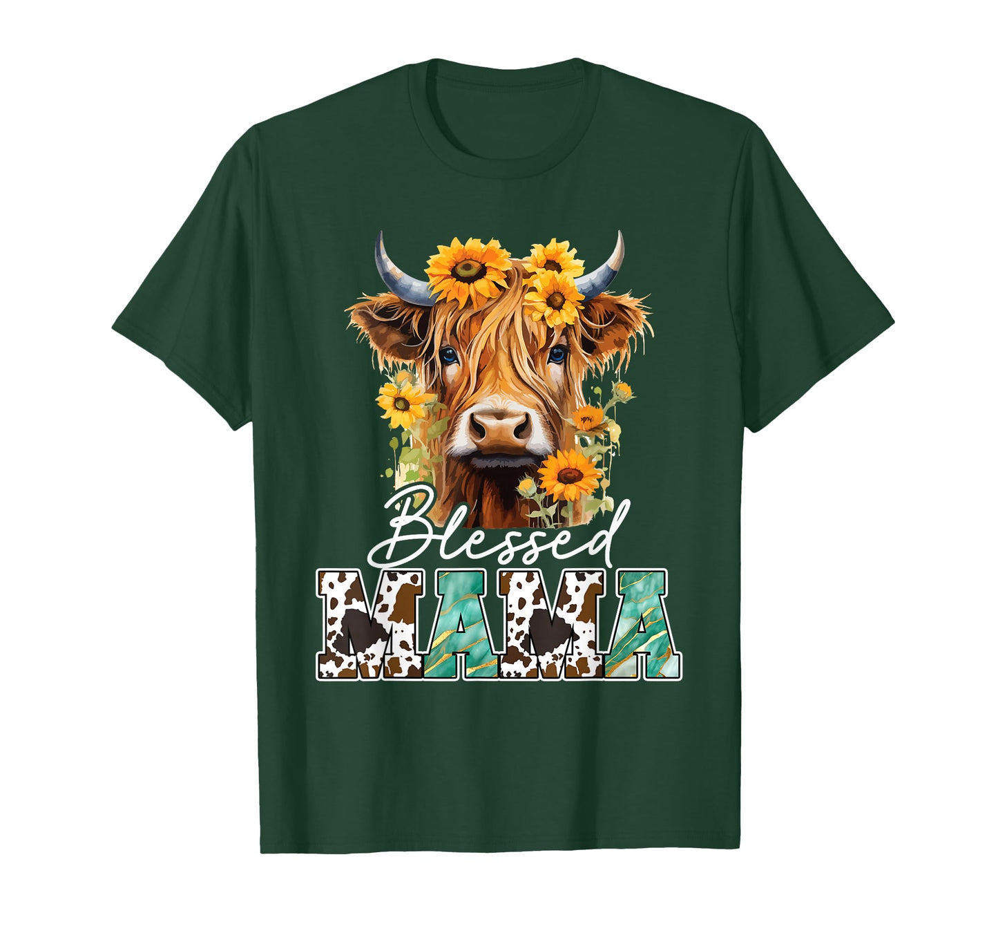 Blessed Mama Highland Cow Sunflowers Mothers Day Caring T-Shirt