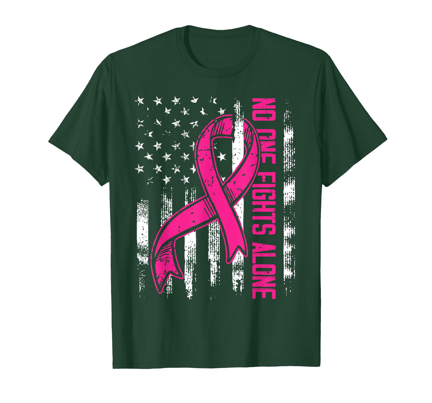 No One Fight Breast Cancer Alone Pink Ribbon American Flag T-Shirt