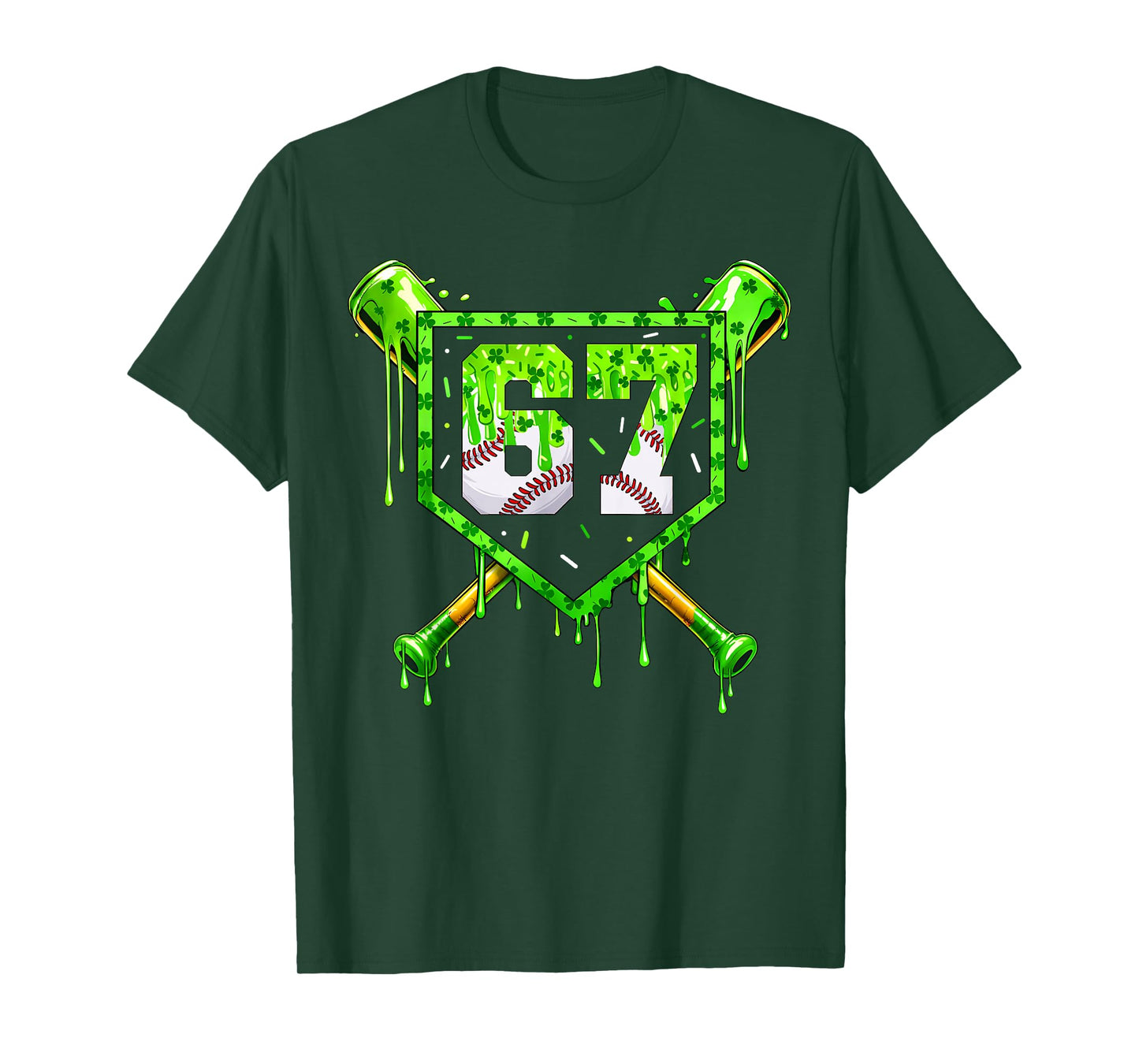 Baseball Ice Cream Drip Shamrocks 6 7 Meme St. Patrick's Day T-Shirt