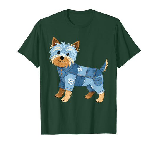 Cute Denim Dog Patchwork Puppy Vintage Style Art T-Shirt