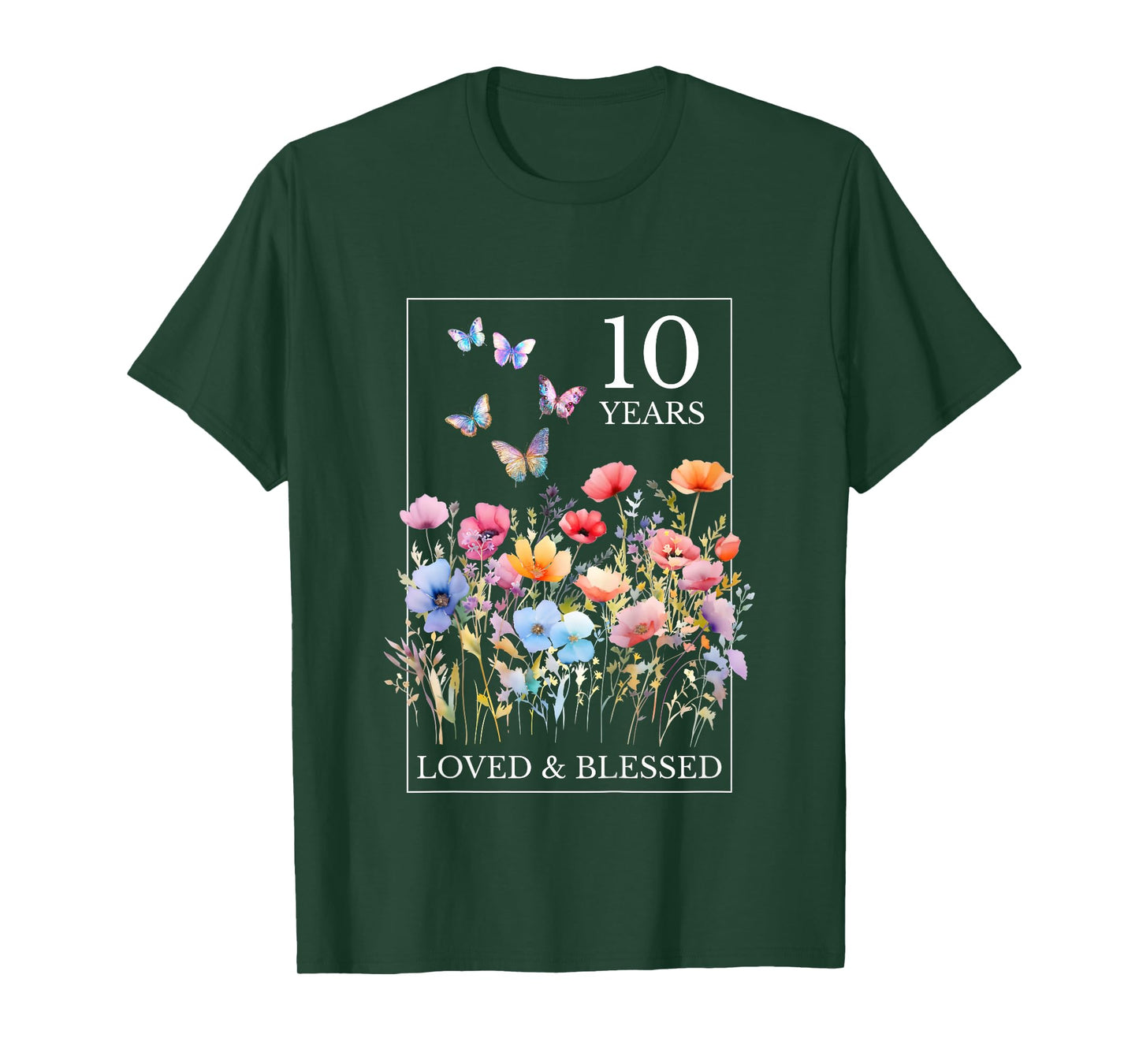 10 Years Loved Blessed Butterfly Flower Stamp 10th Birthday T-Shirt