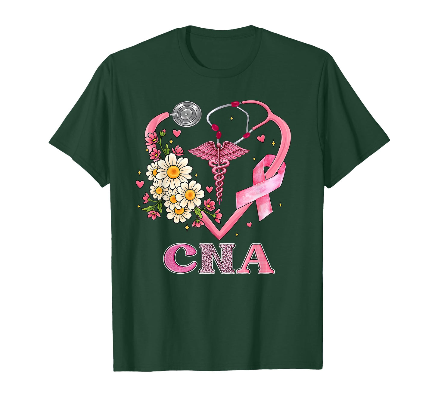 CNA Heart Pink Ribbon Stethoscope Breast Cancer Awareness T-Shirt