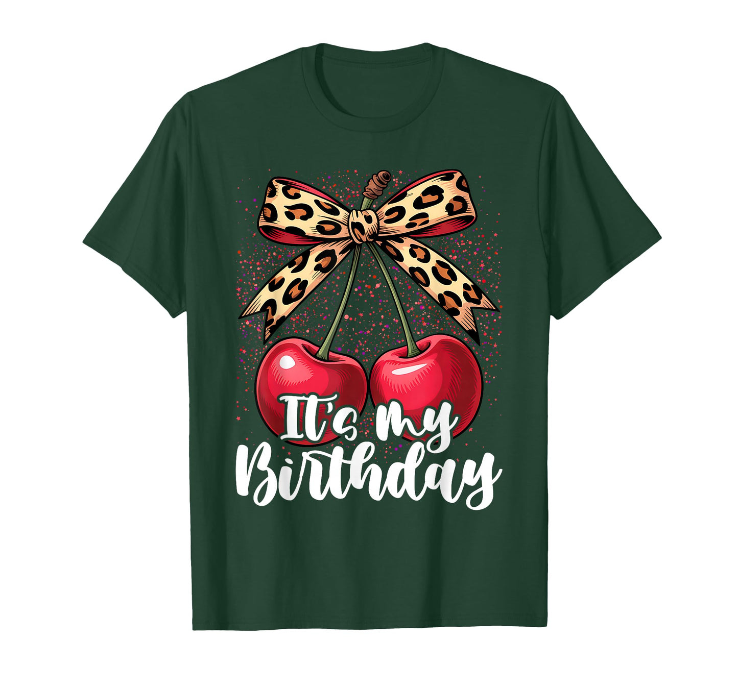 It's My Birthday Cute Cherry Leopard Coquette Bow T-Shirt