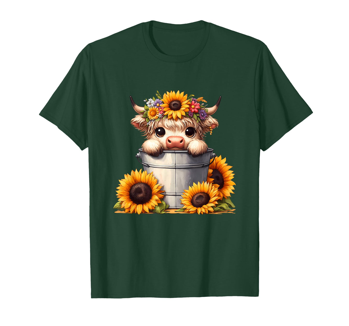 Cute Baby Highland Cow with Sunflowers in Bucket, Calf T-Shirt