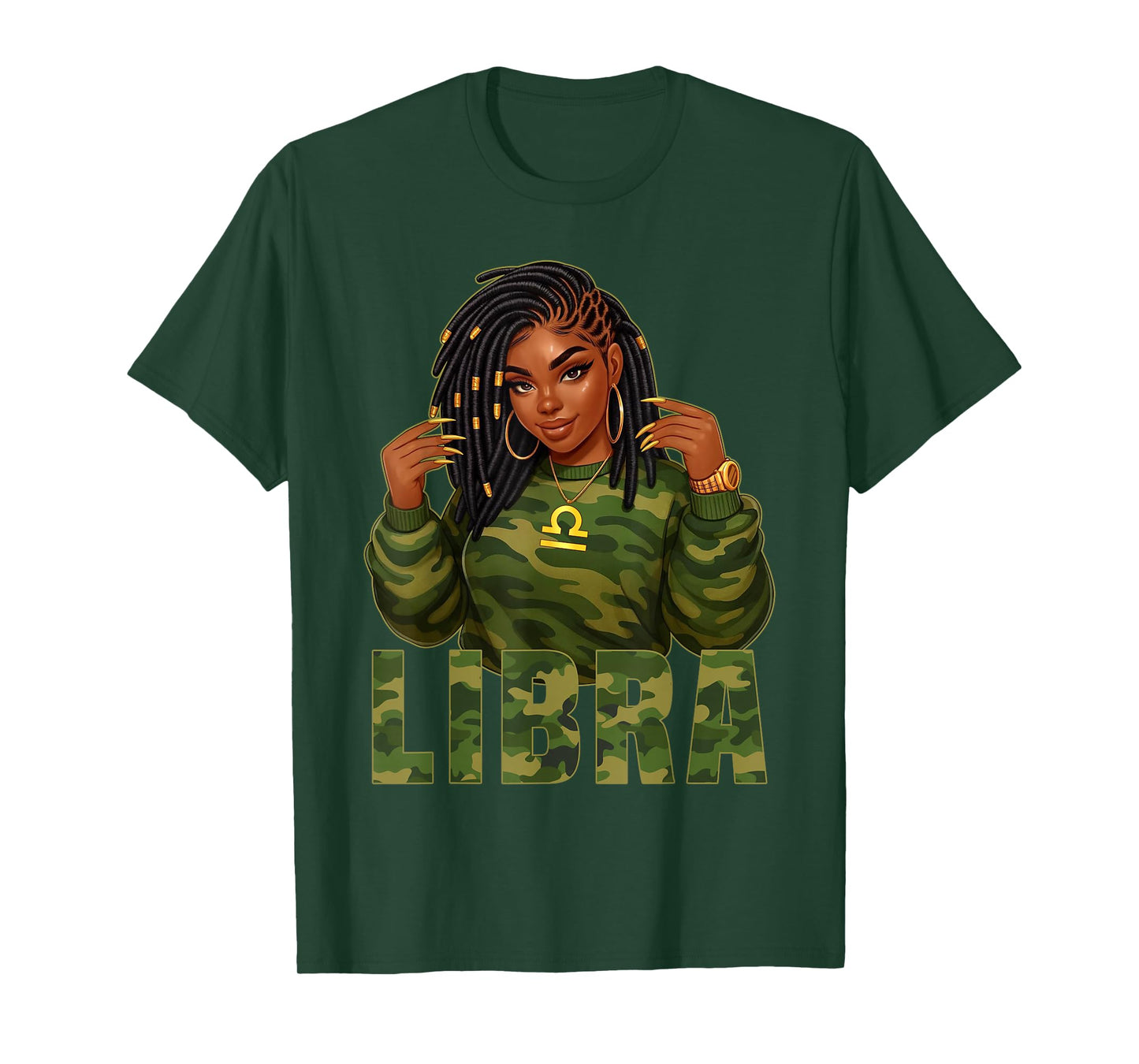Libra Queen Loc'd Black Woman Camo Zodiac Sign T-Shirt