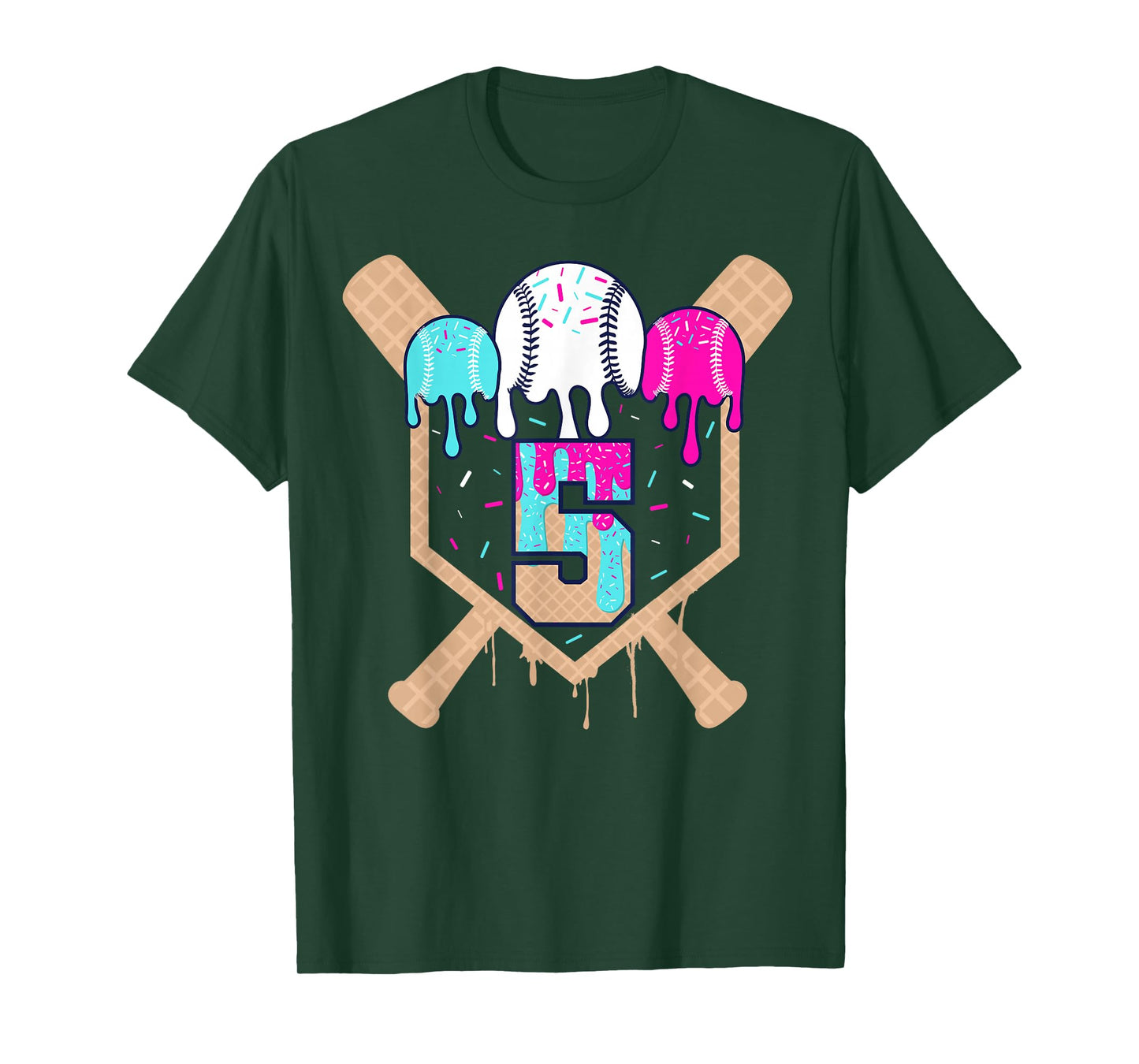 Baseball 5 Year Old Ice Cream Drip 5th Birthday Boy Number 5 T-Shirt