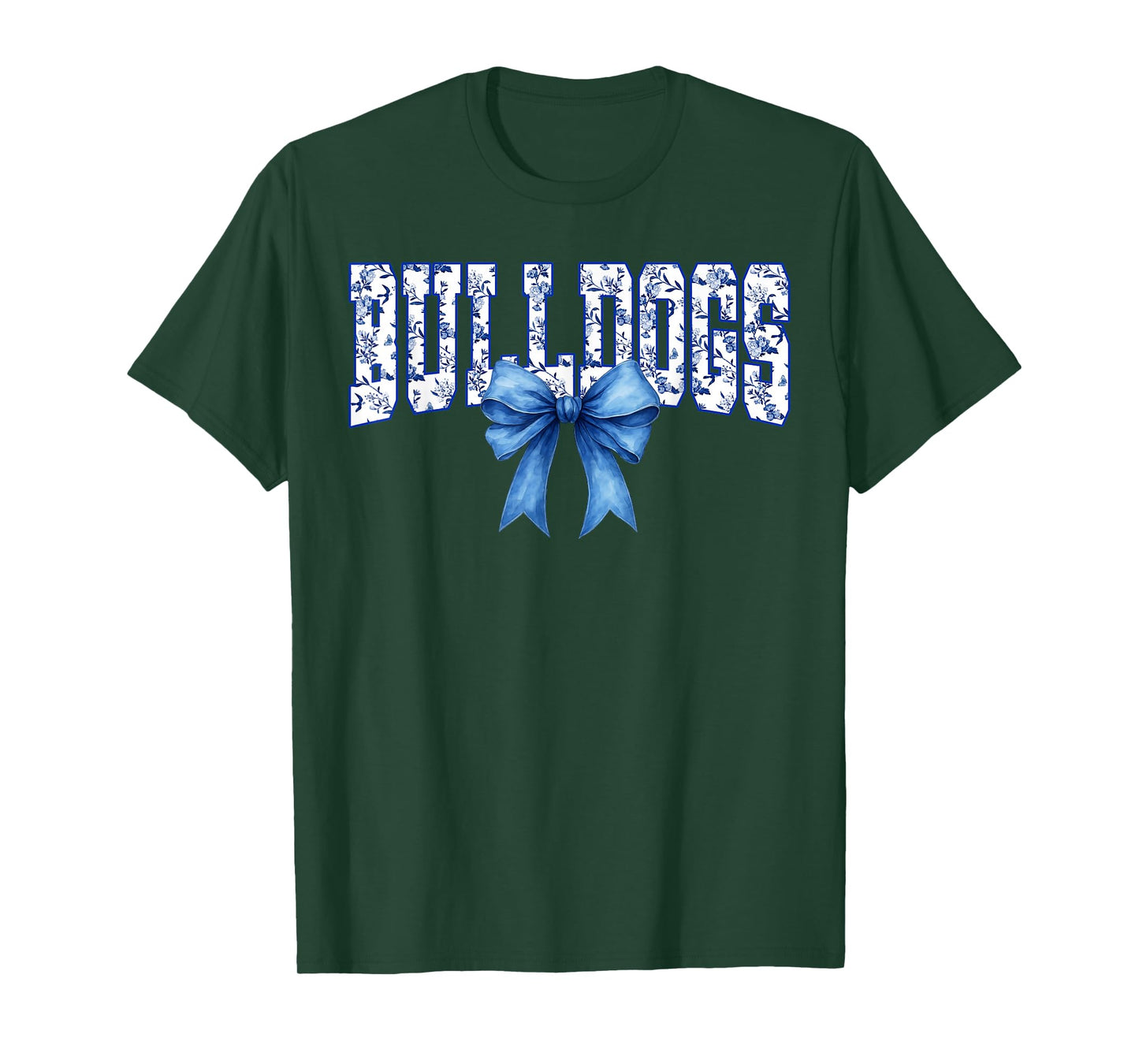 Bulldogs Floral Toile Royal Blue Watercolor Coquette Bow T-Shirt