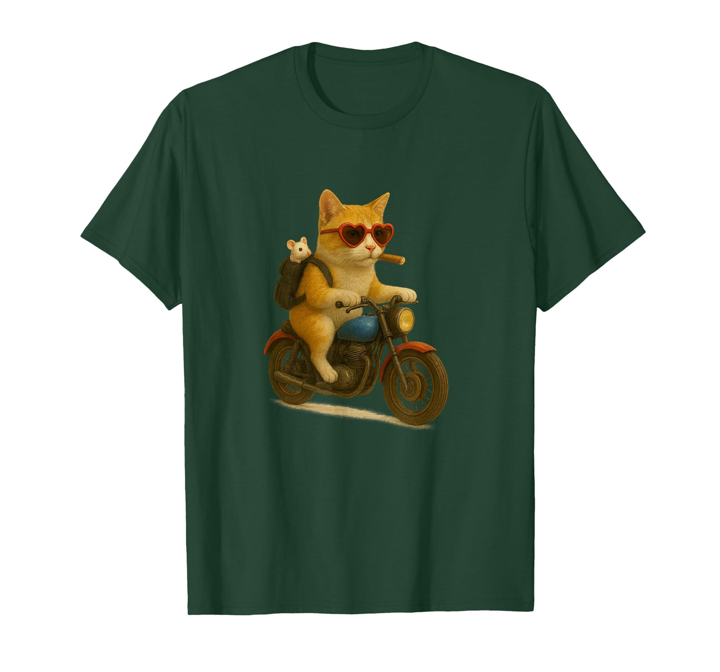 Funny Cat Biker with Mouse in Backpack Motorcycle Lover T-Shirt