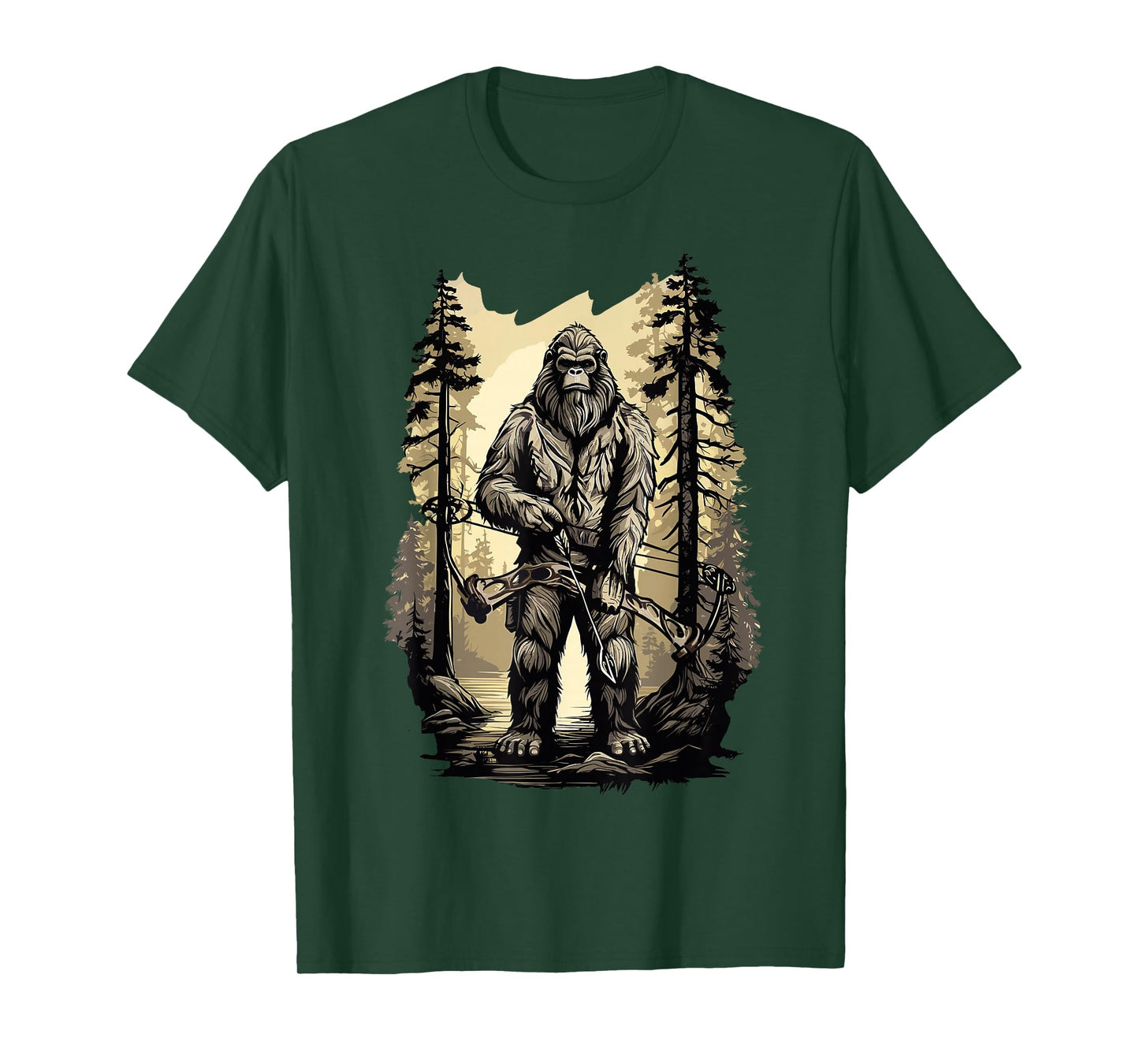 Bow Hunting Bigfoot, Funny Bow Hunting Sasquatch T-Shirt, Black, Unisex-Adults, Small, Short Sleeve, Classic Fit, Cotton, Polyester