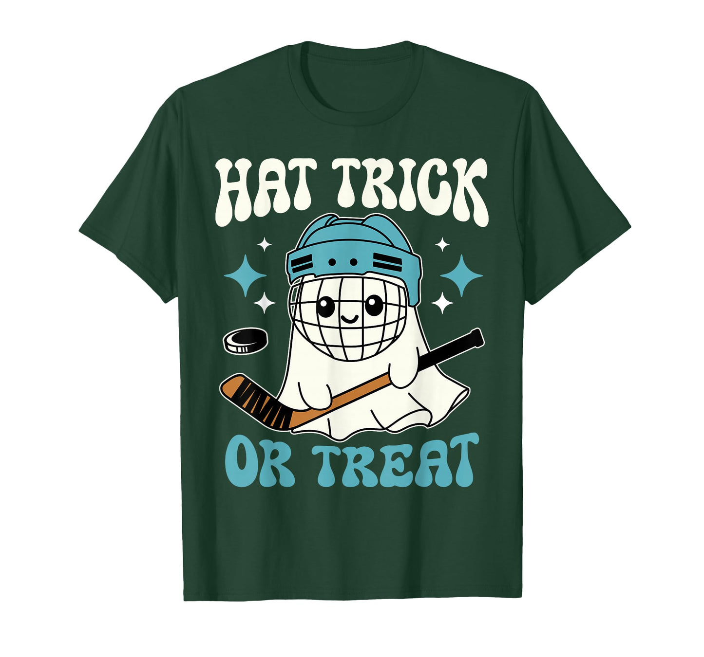 Hat Trick Or Treat Halloween Ice Hockey Player Ghost Hockey T-Shirt