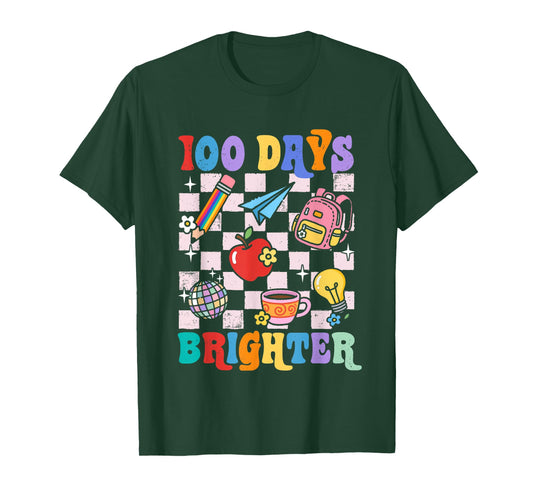 100 Days Brighter Checkered 100th Day of School Teacher Girl T-Shirt