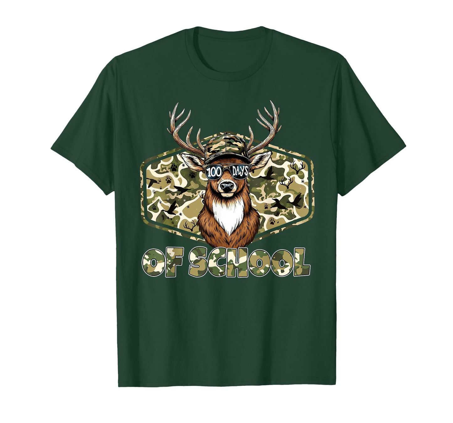 100 Days of School Camo Deer Buck Hunting Students Teacher T-Shirt