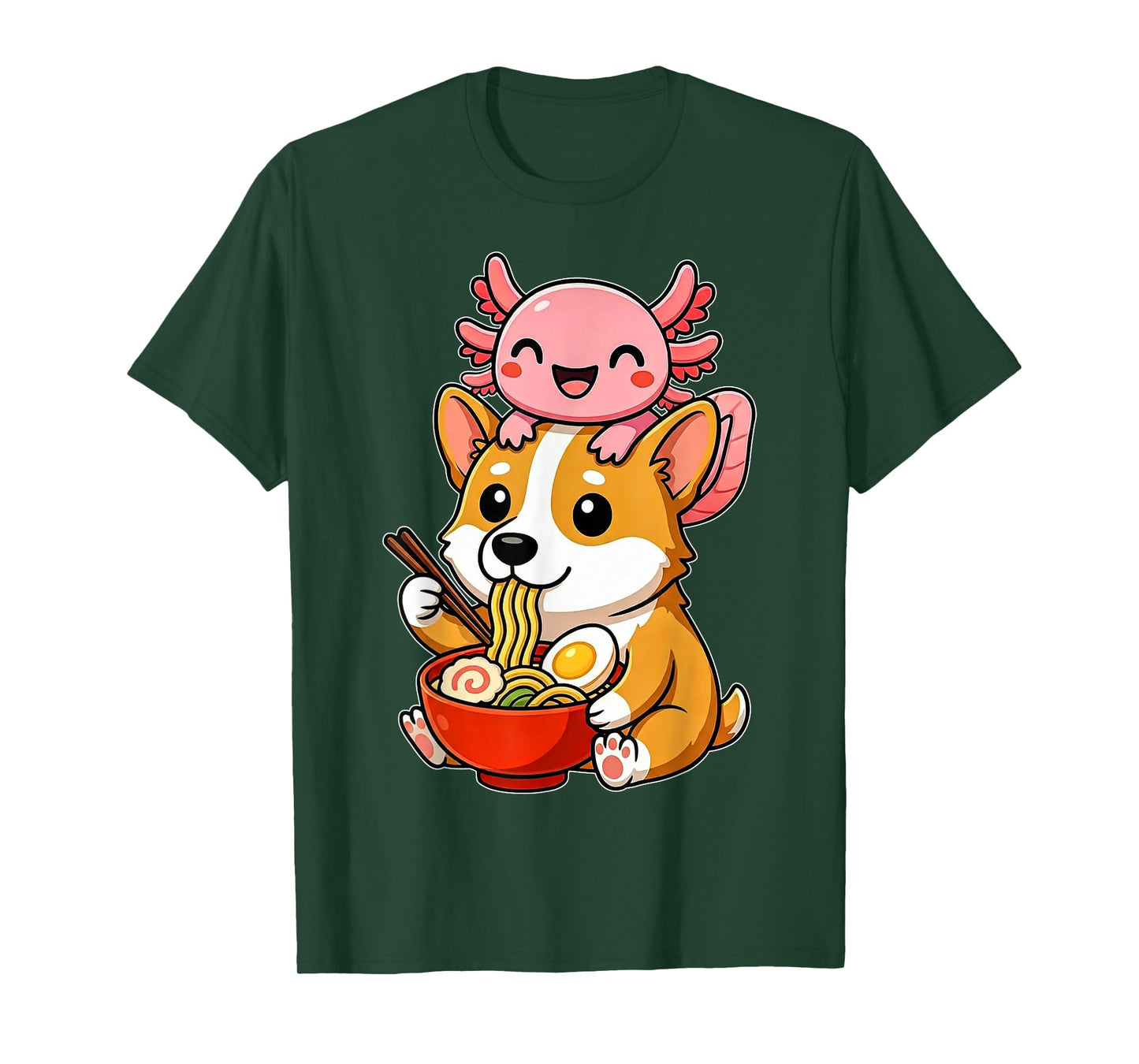 Funny Cute Axolotl and Corgi Dog Eating Ramen Anime Noodle T-Shirt