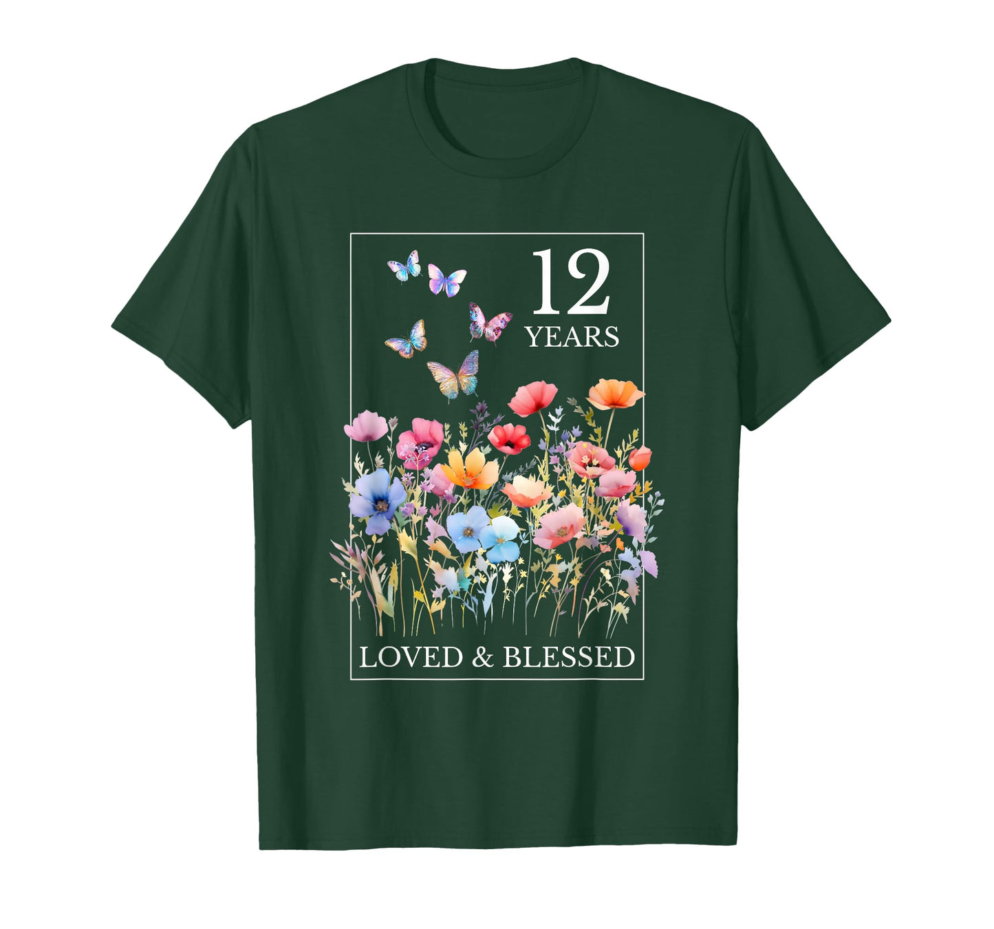 12 Years Loved Blessed Butterfly Flower Stamp 12th Birthday T-Shirt
