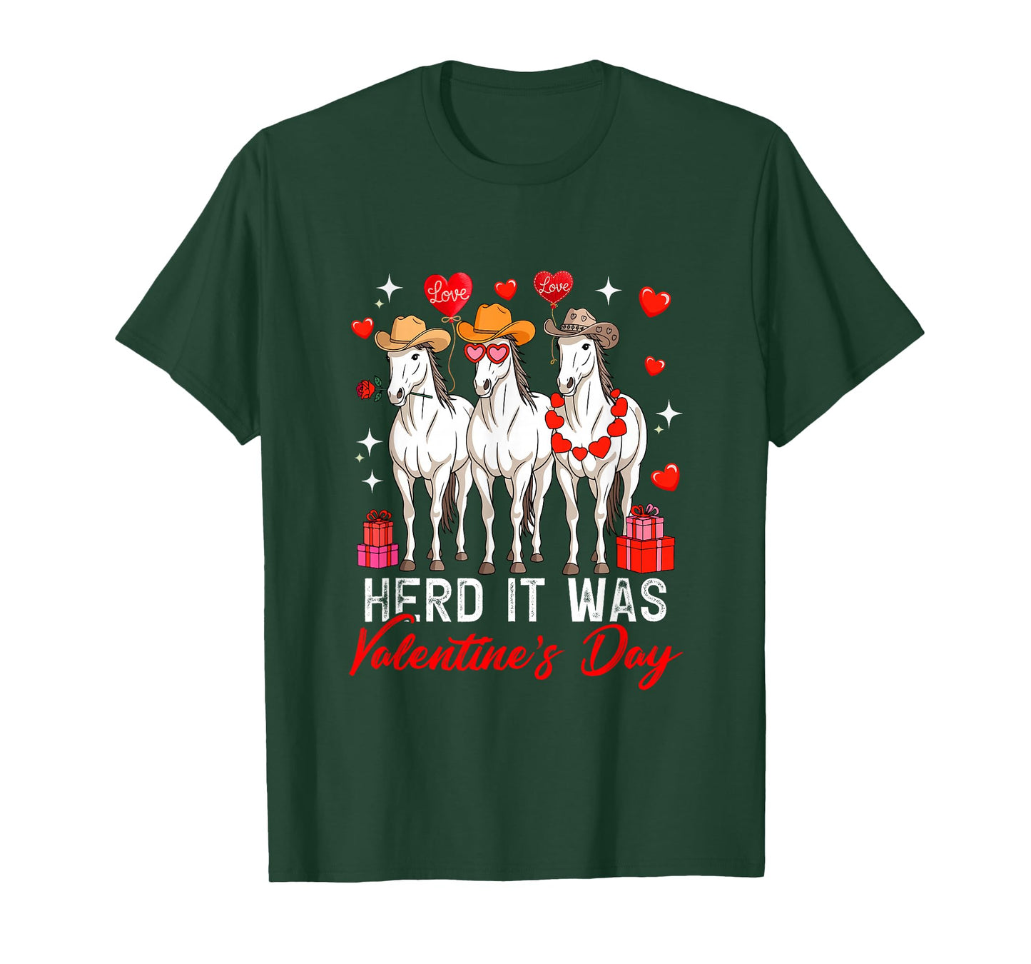 Herd It was Valentine's Day Three Cute Horses Floral Hearts T-Shirt