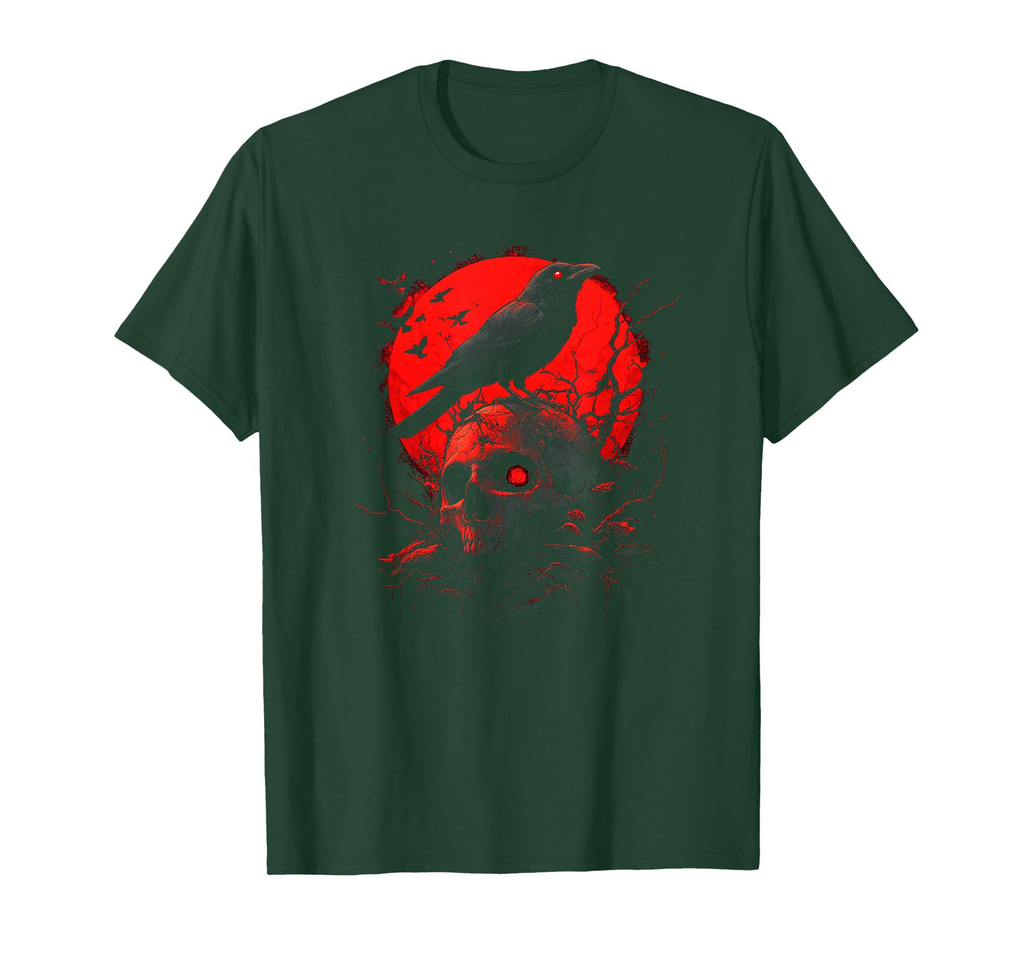 Black Gothic Raven Skull Red Moon Graphic Black Crow T-Shirt