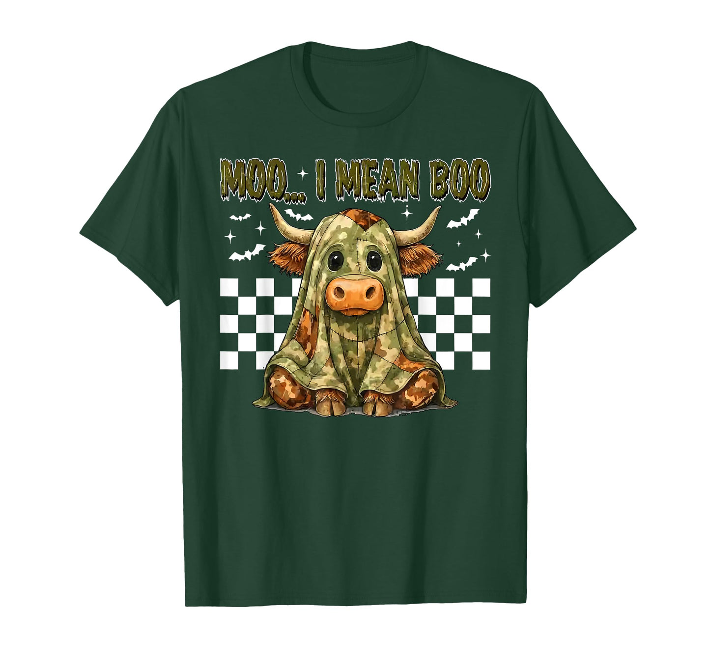 Checkered Moo I Mean Boo Green Camo Patchwork Spooky Ghost T-Shirt