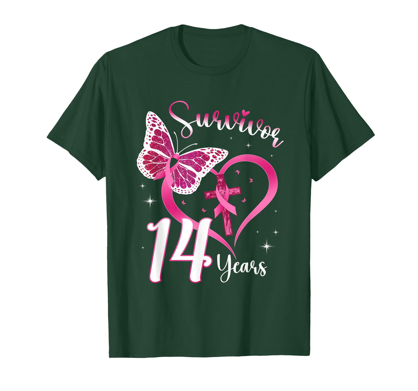 Breast Cancer Survivor Pink Ribbon Butterfly 14 Years Gift T-Shirt