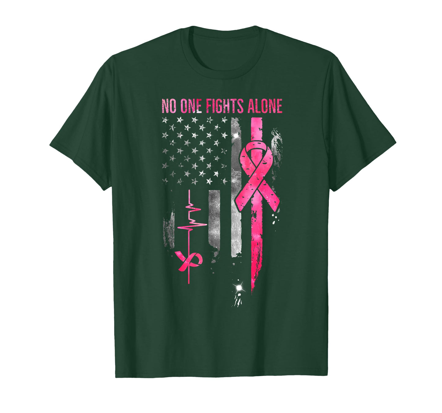 No One Fight Breast Cancer Alone Pink Ribbon American Flag T-Shirt