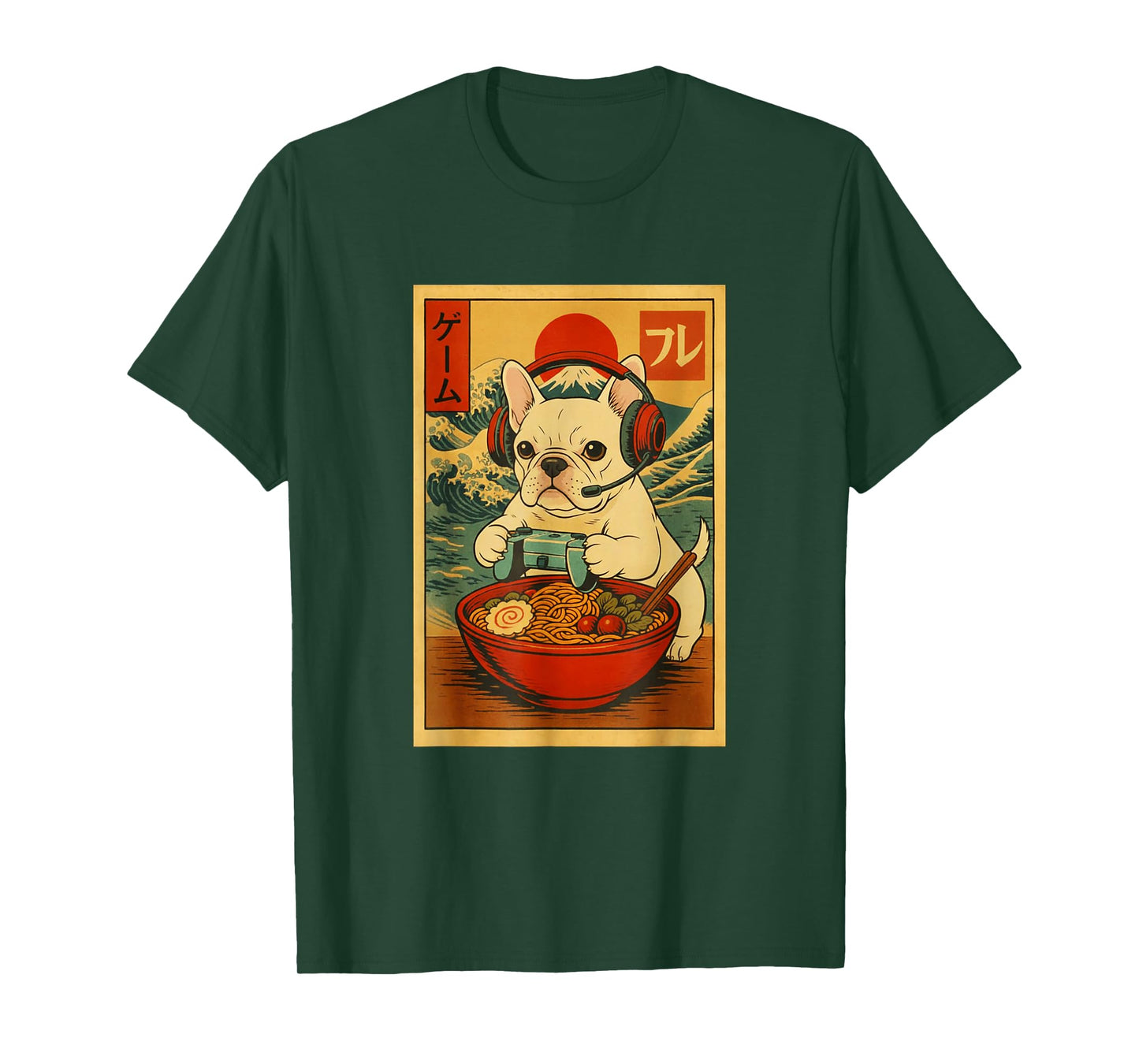 French Bulldog Dog Gaming Ramen Ukiyo-e Great Wave Retro Art T-Shirt