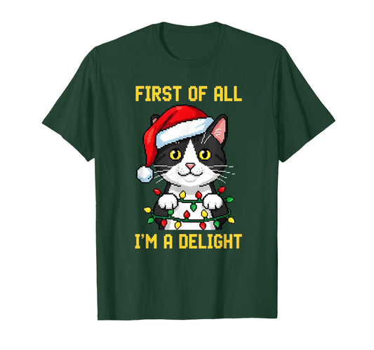 Funny Cat First of All I'm A Delight Retro Gaming Christmas T-Shirt