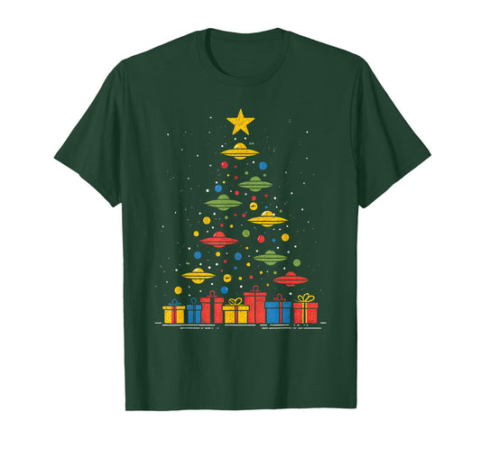 Funny UFO Christmas Tree Graphic Uap Alien Flying Saucers T-Shirt