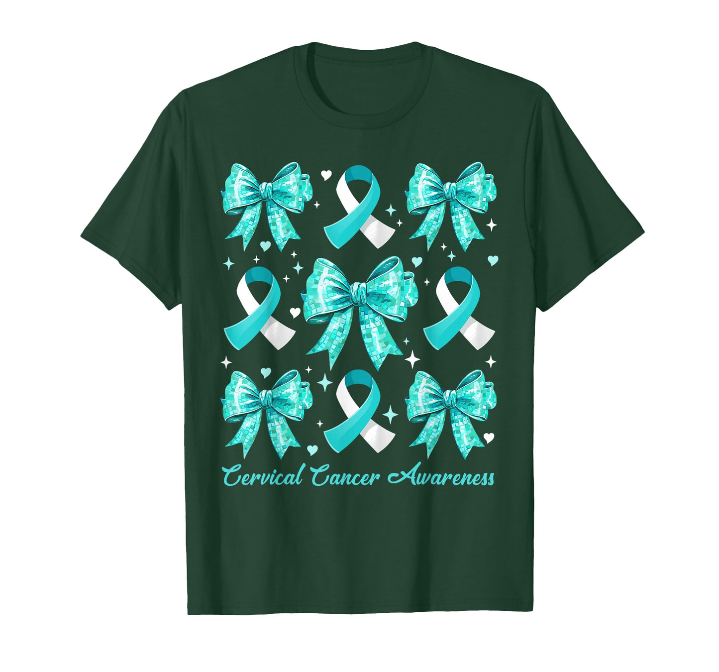 Teal and White Ribbon Coquette Bow Cervical Cancer Awareness T-Shirt