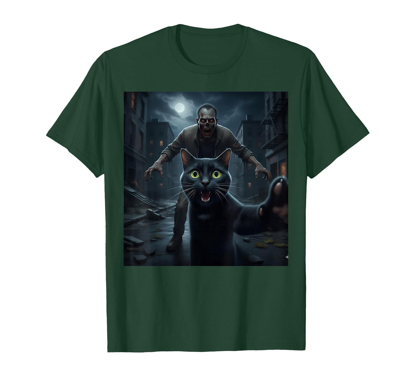 Black Cat Selfie Running Away from Zombie Fun for Kids Teens T-Shirt