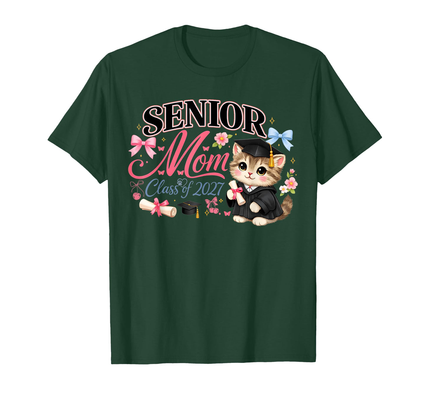 Senior Mom Class of 2027 Cute Cat Graduation Pink Bows Girls T-Shirt