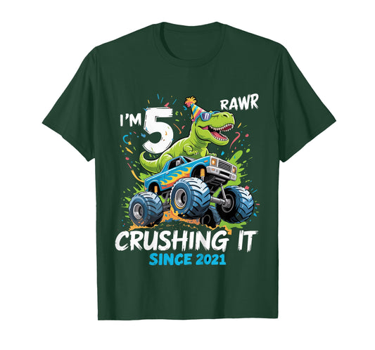 Kids 5th Birthday Monster Truck Dinosaur 5 Year Old boy Born 2021 T-Shirt