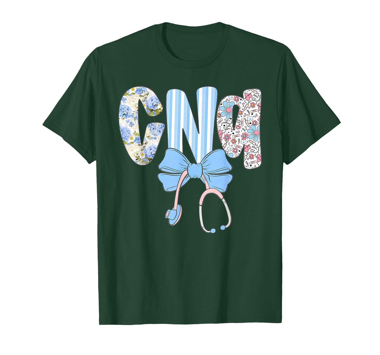 Coquette CNA Nurse Blue Floral Stethoscope Bow Cute Nurse T-Shirt