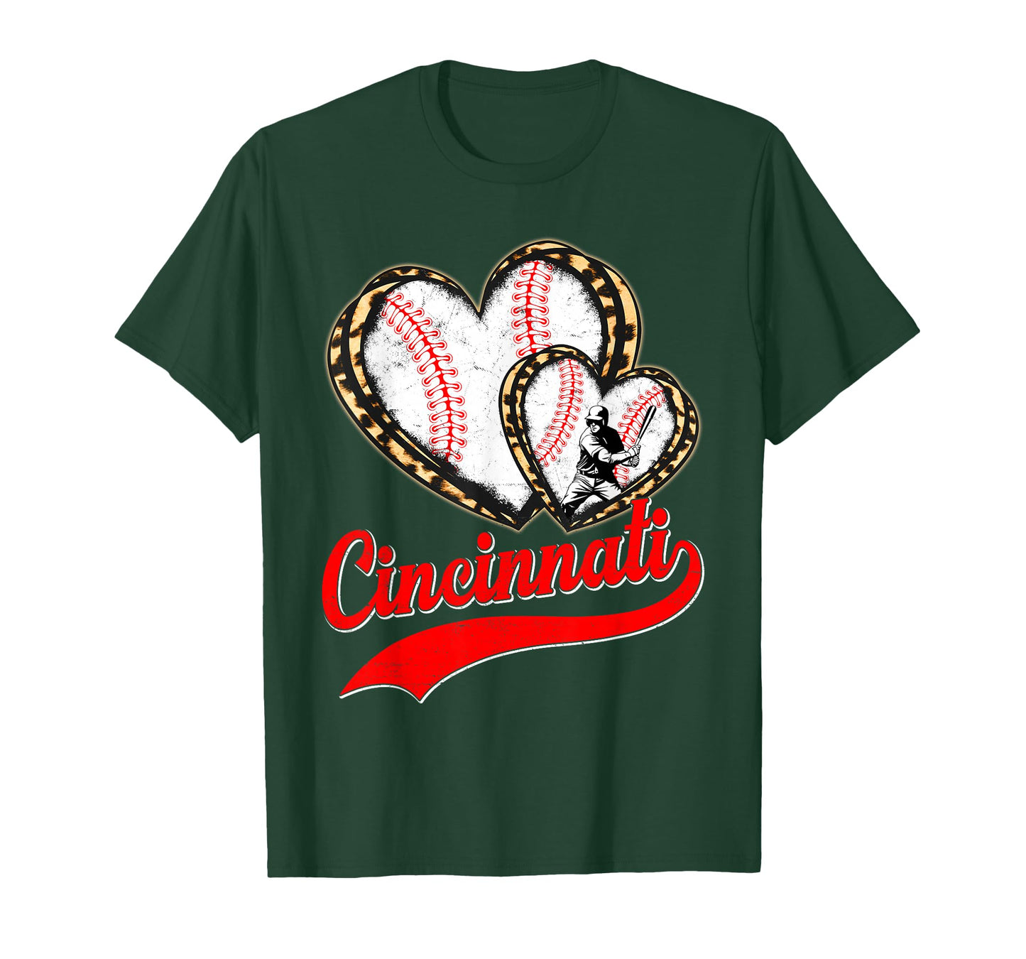 Vintage Cincinnati Baseball Leopard Heart Baseball Fans T-Shirt
