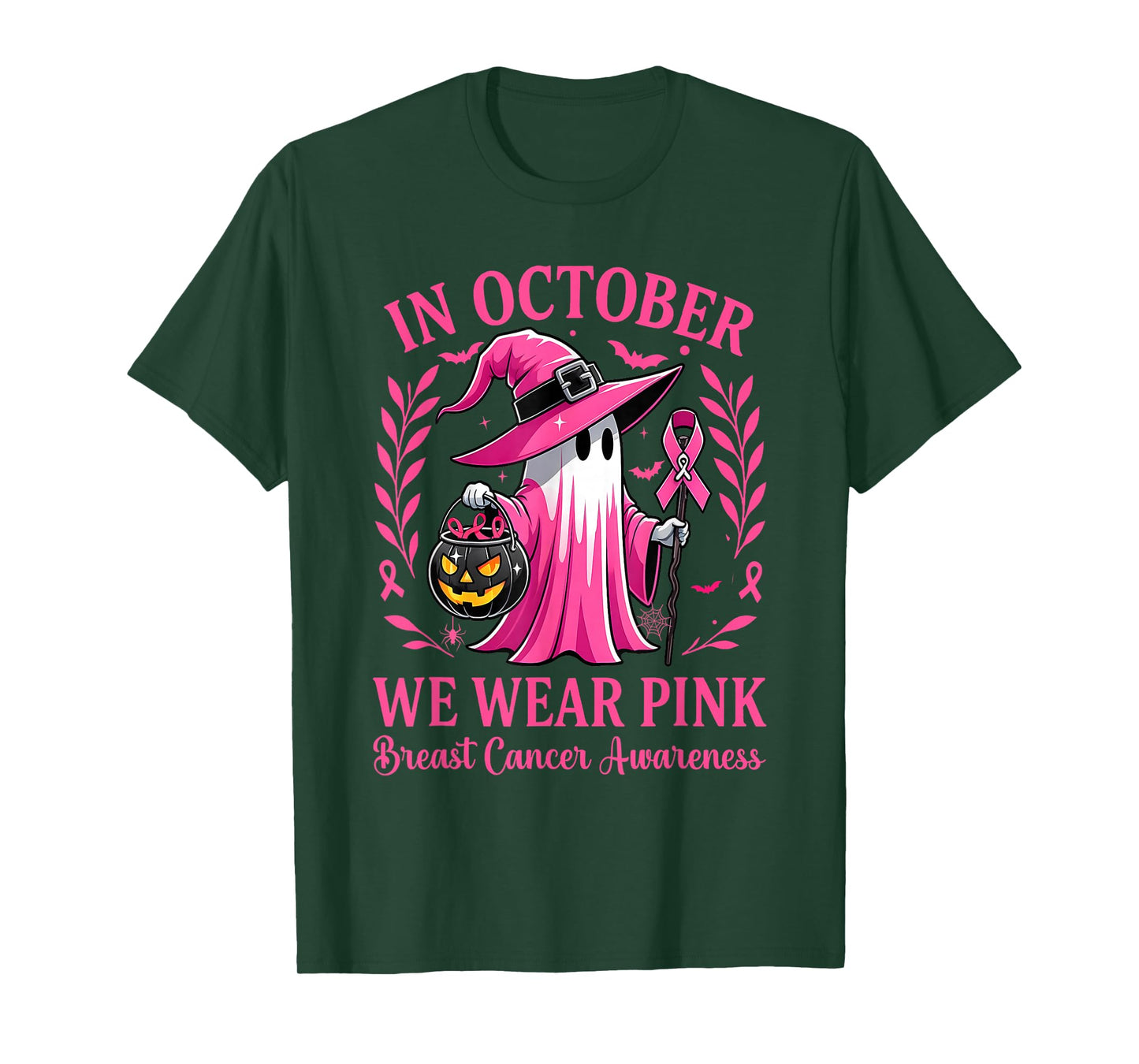 Halloween Pink Ghost Witch Breast Cancer Awareness Women T-Shirt