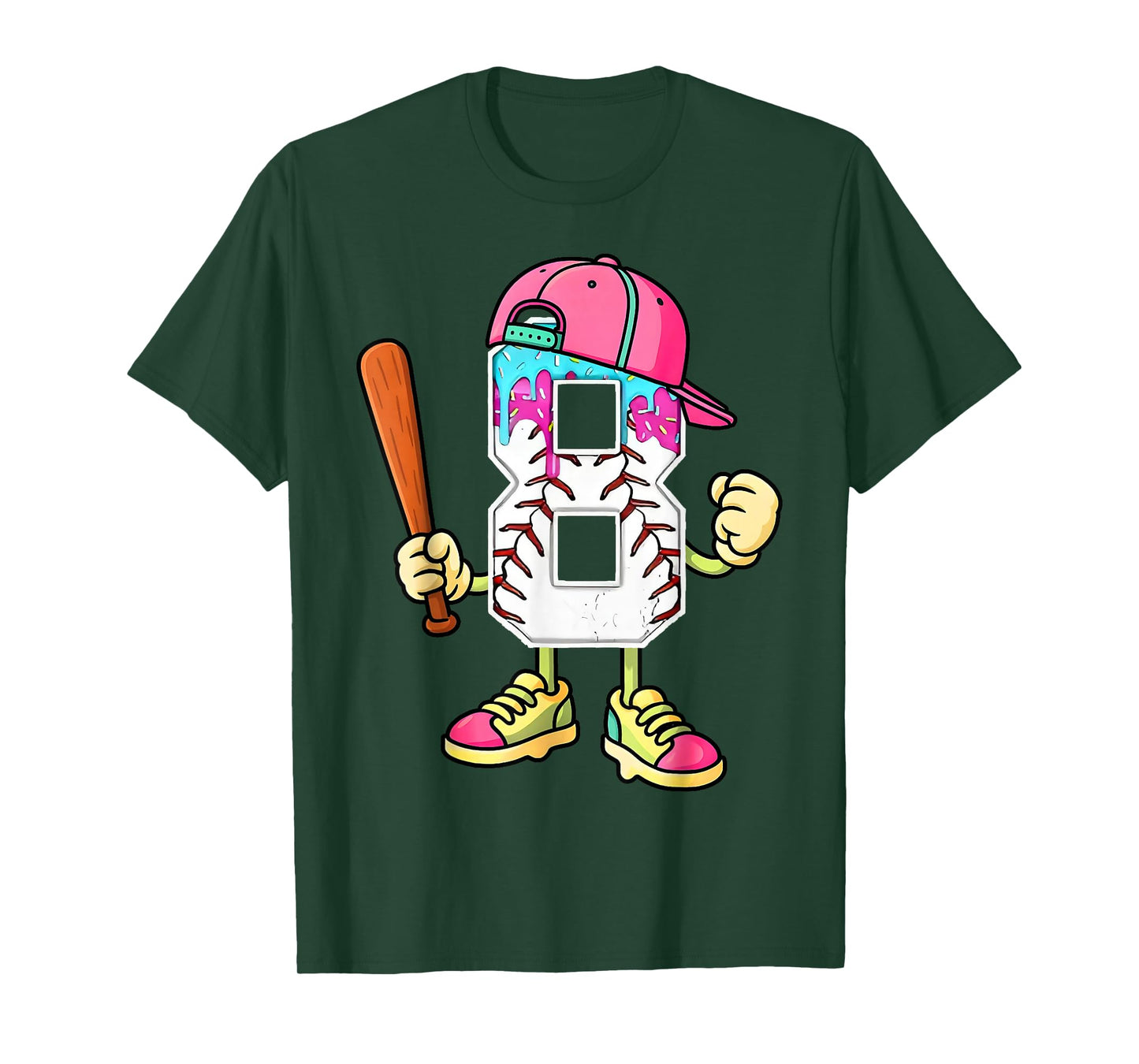 Baseball 8th Birthday Boy Ice Cream Drip 8 Year Old Birthday T-Shirt