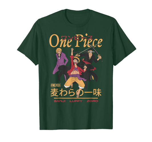 One Piece Anime Sanji Luffy Zoro Kanji Collage Pirate T-Shirt