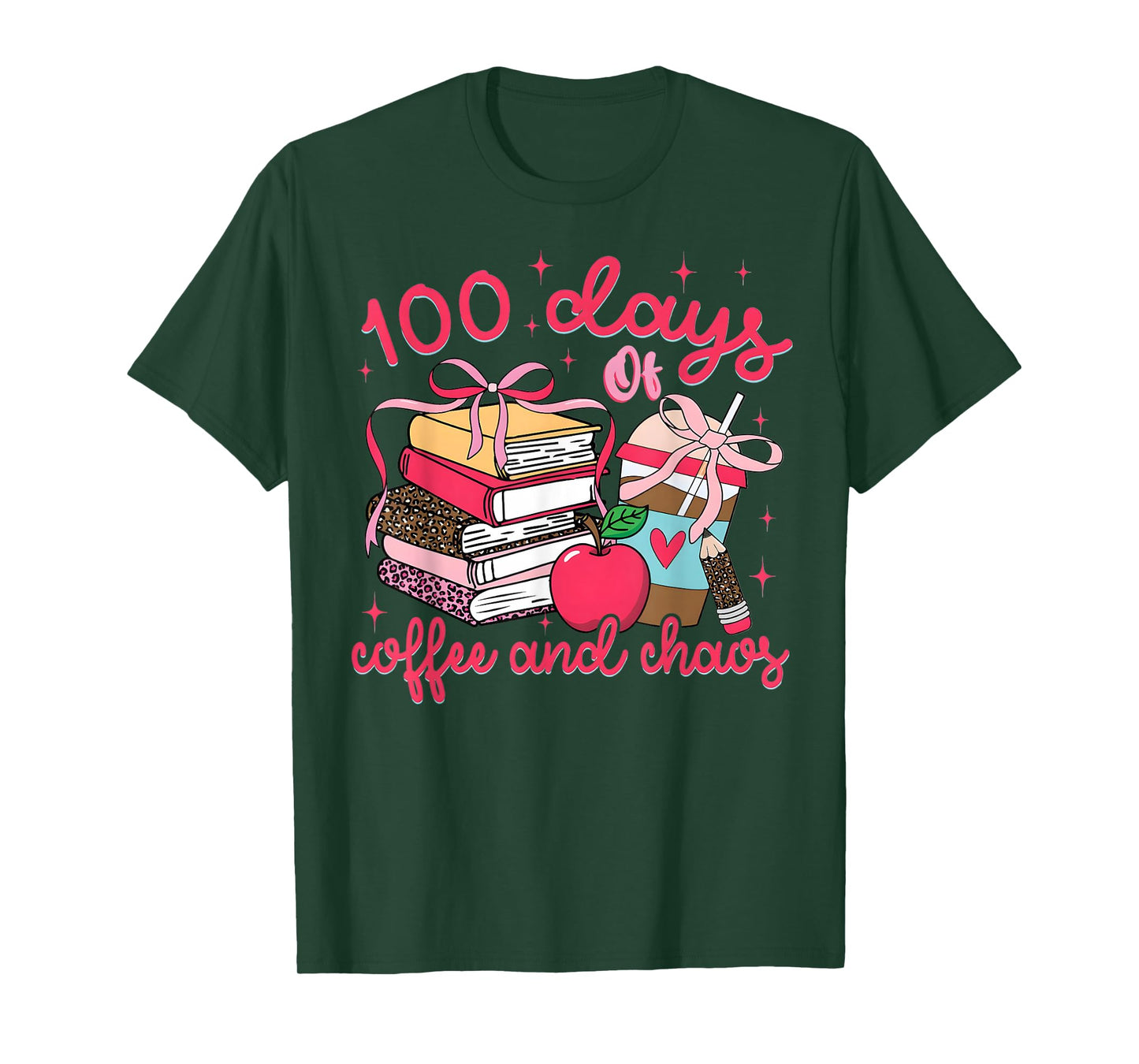 100 Days of Coffee and Chaos Coquette Bow Teachers Student T-Shirt