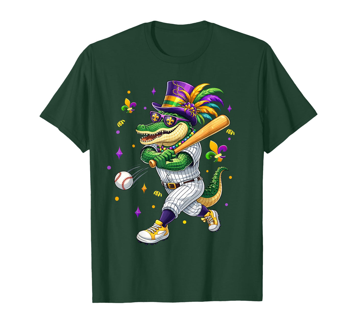 Baseball Player Mardi Gras Alligator Carnival Costume Beads T-Shirt