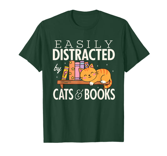 Easily Distracted by Cats and Books Cute Cat Reading Reader T-Shirt
