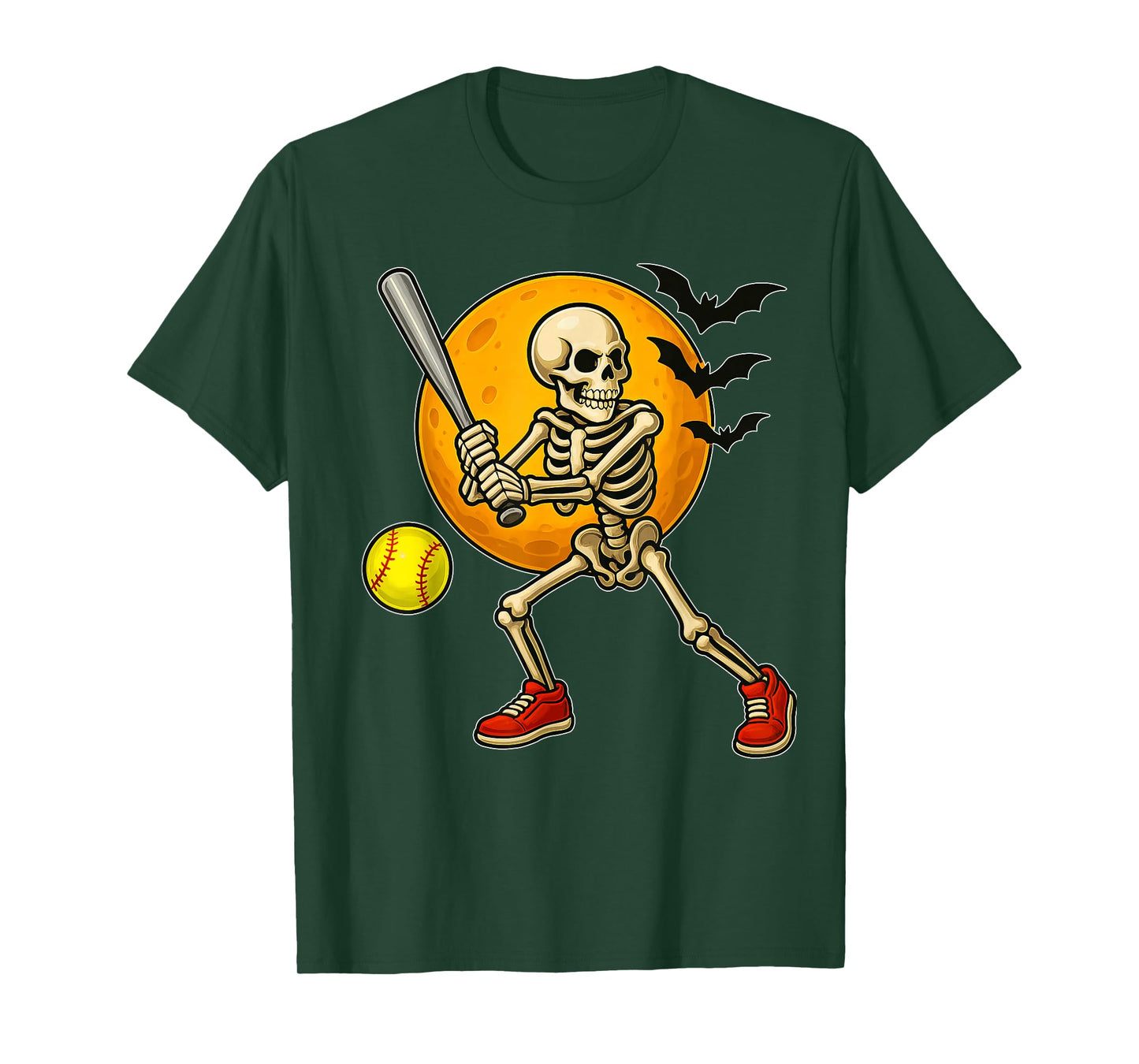 Softball Player Skeleton with Moon Halloween Costume Boys T-Shirt