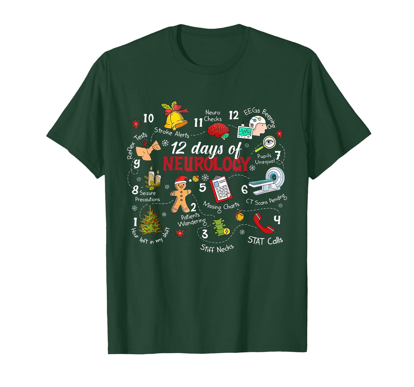 12 Days of Neurology Christmas Brain Neuro Nurse Psychology T-Shirt