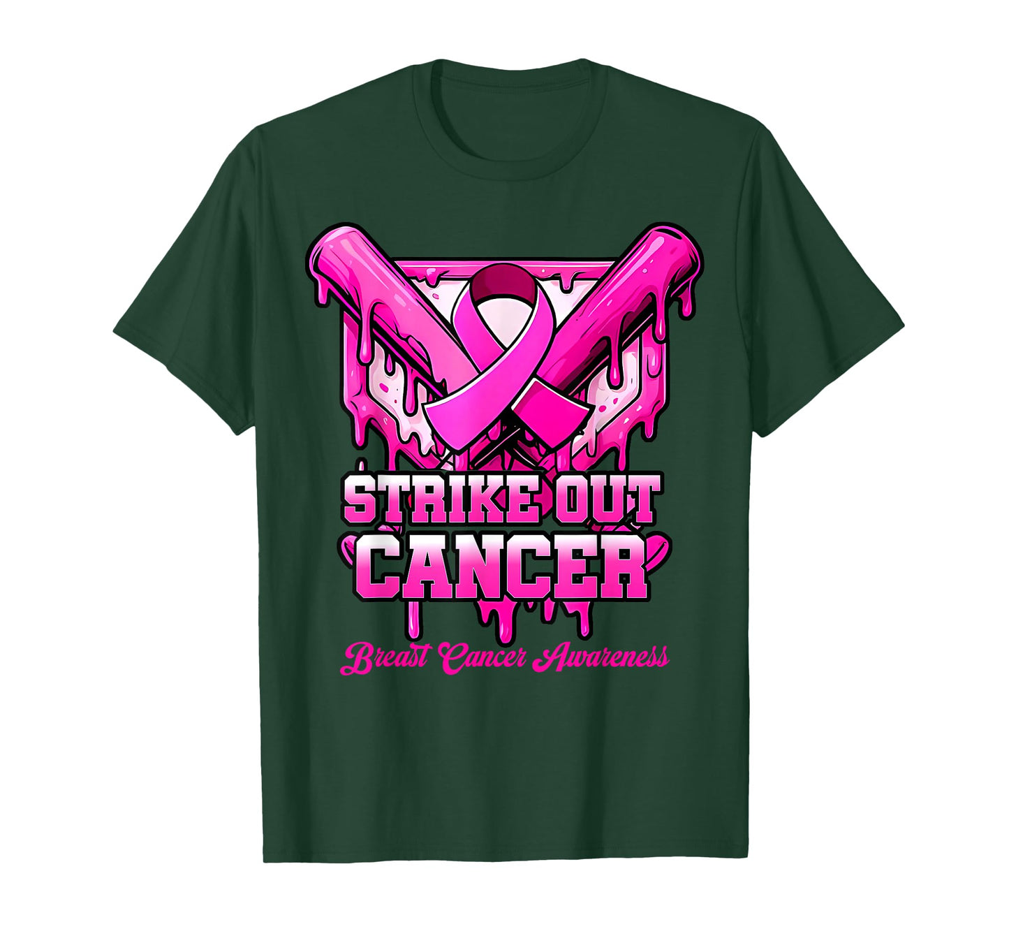 Strike Out Breast Cancer Awareness Baseball Drip Pink Ribbon T-Shirt
