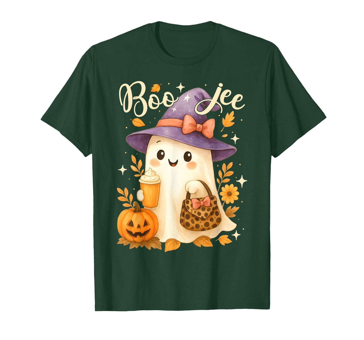Cute Boo Jee Witch Ghost Halloween Coffee Latte Leopard T-Shirt