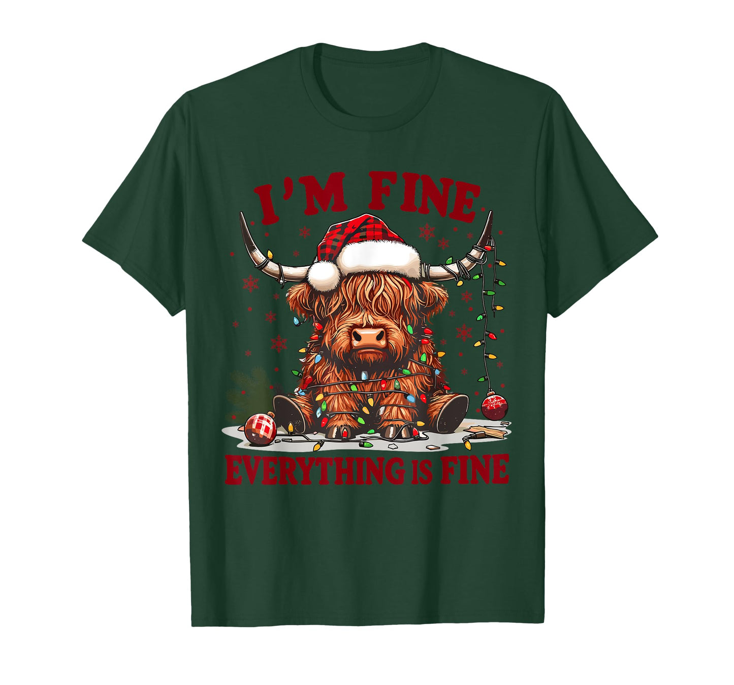 I'm Fine Everything is Fine Funny Christmas Highland Cow T-Shirt