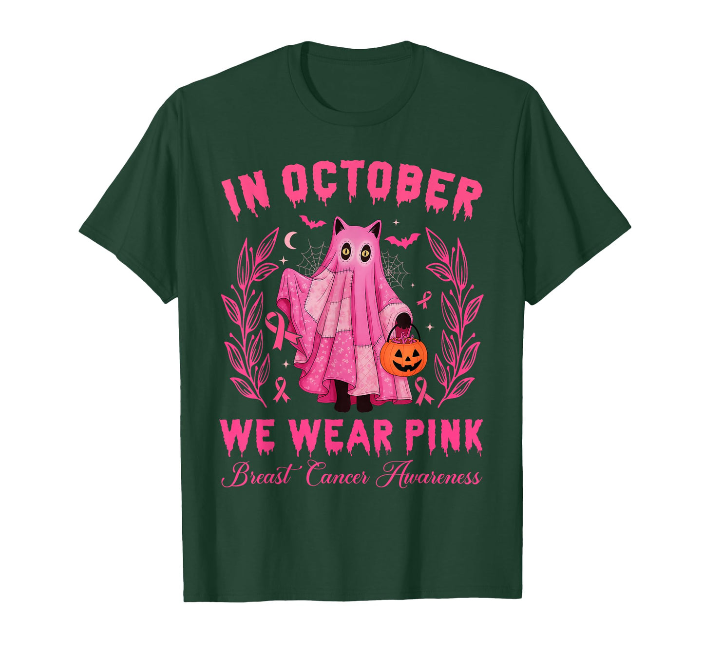 in October, We Wear Pink Halloween Black Cat Cute T-Shirt